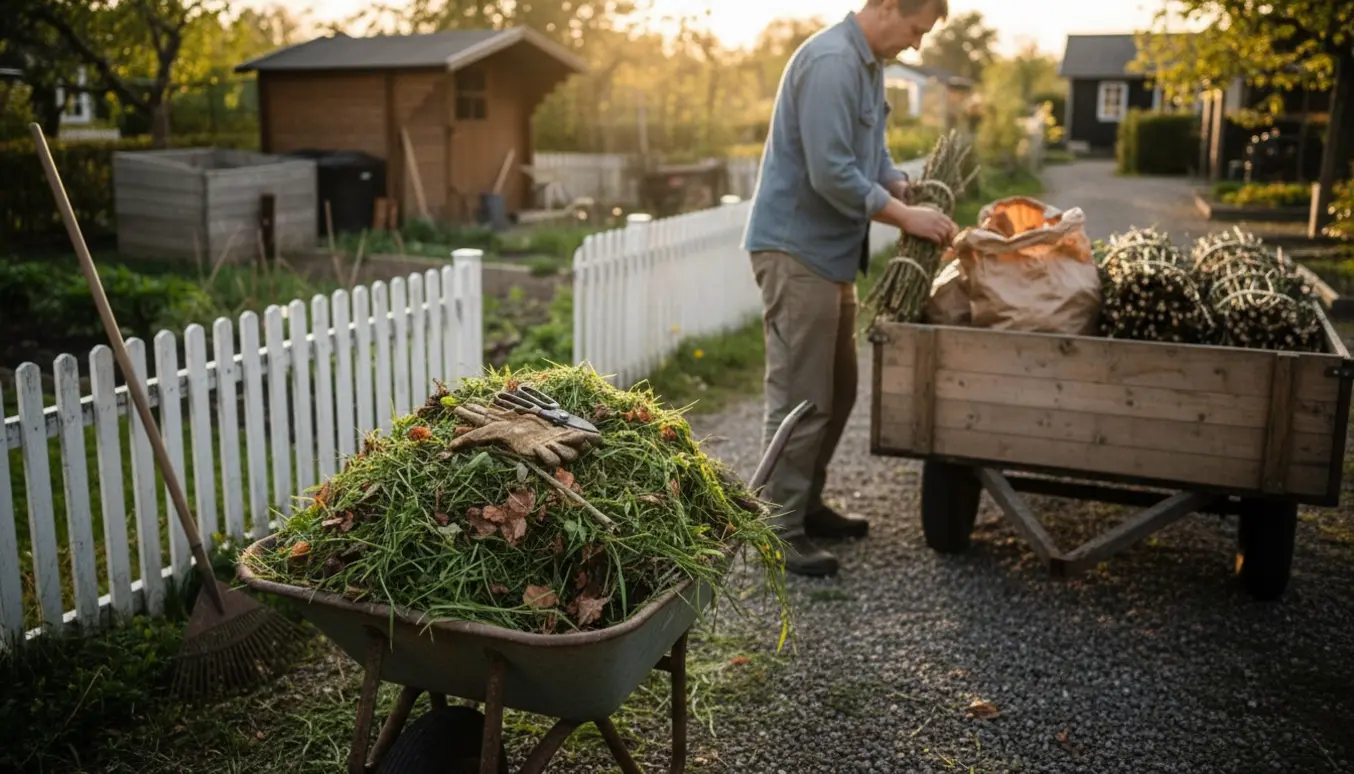 Trillebør og lille trailer fyldt med haveaffald i en kolonihave, klar til at blive kørt væk.