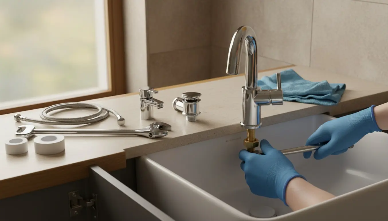 Nærbillede af udskiftning af vandhane i håndvask med nyt kromarmatur og værktøj på bordet.