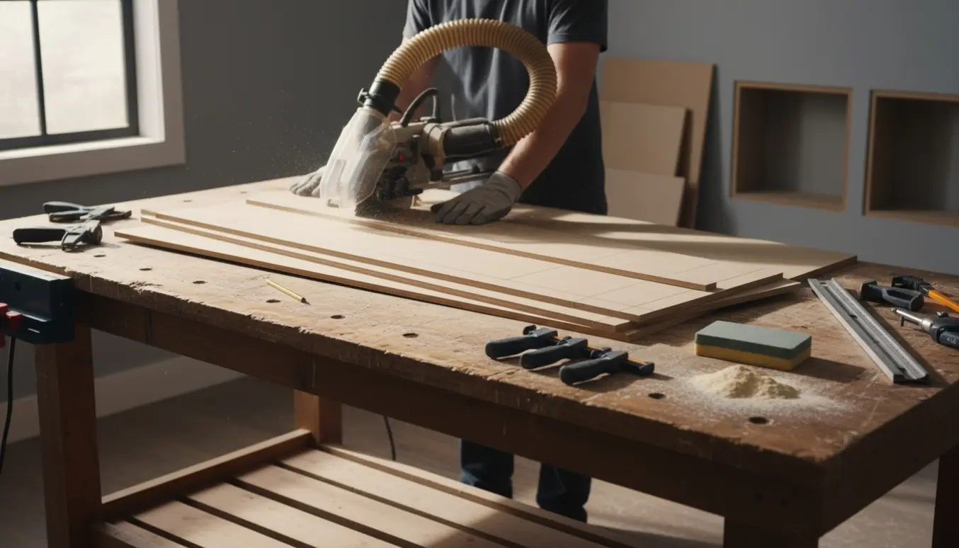 Arbejdsbord med MDF-plader, snitmarker og mange afskæringer klar til en indbygget reol.