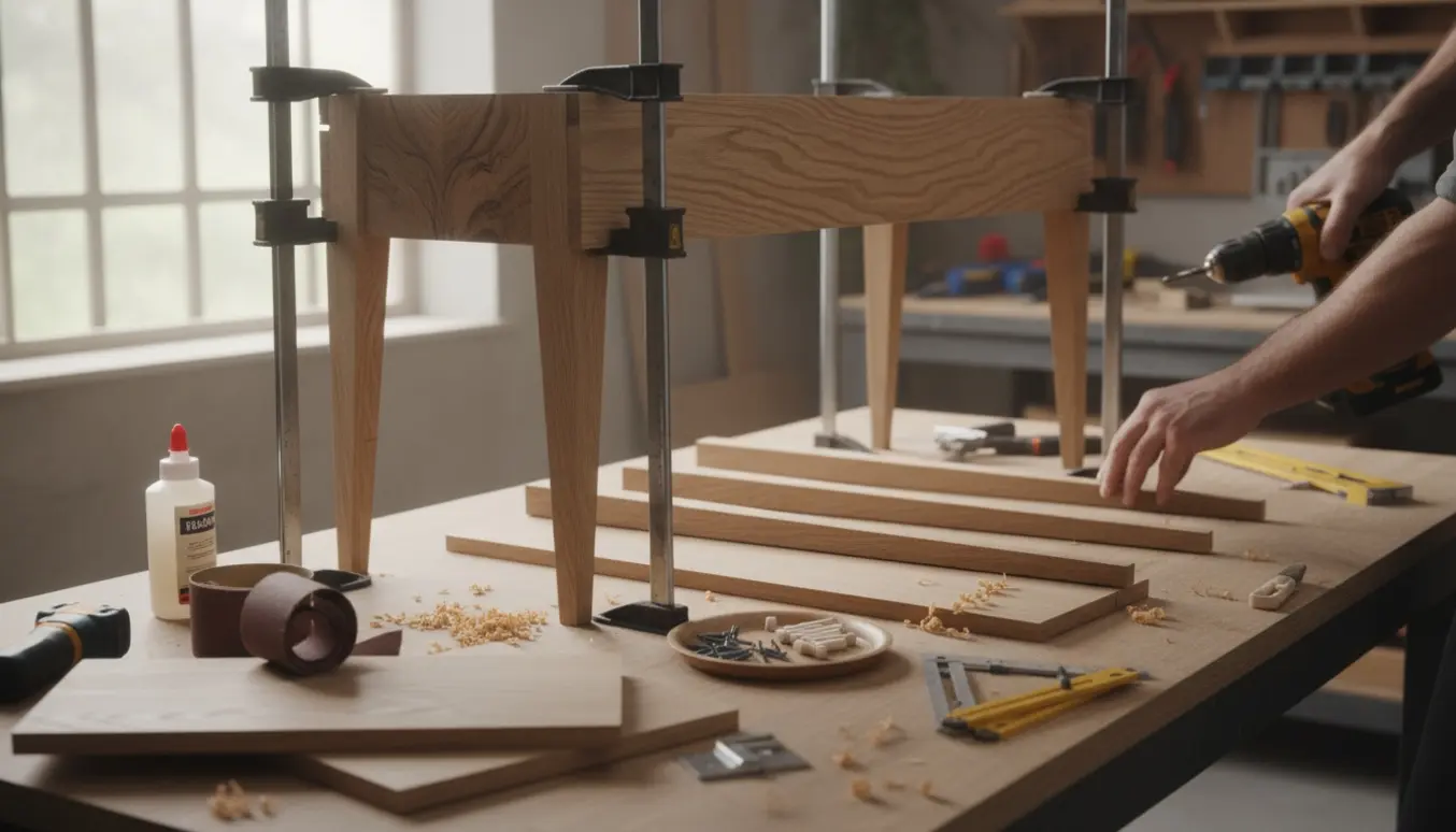 Halvfærdigt konsolbord på værkstedsbænk med værktøj og materialer i blødt dagslys.