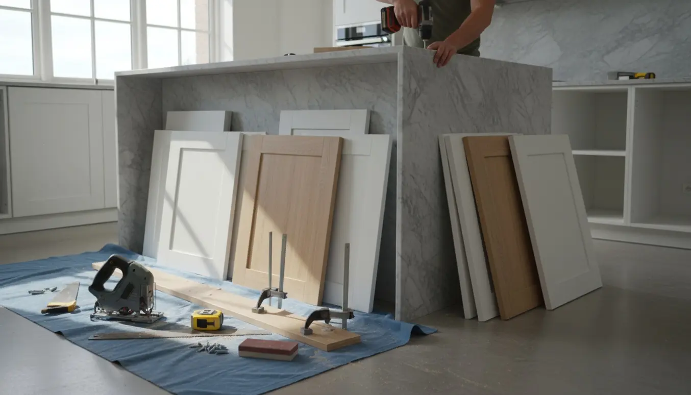 Hænder monterer nye køkkenlåger og tilpasser sokkel i et lyst køkken.