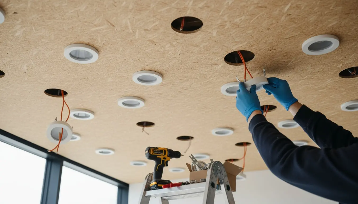 Gloved hænder monterer indbyggede LED-spots i et troldtekt-loft med udskårne cirkler og værktøj.