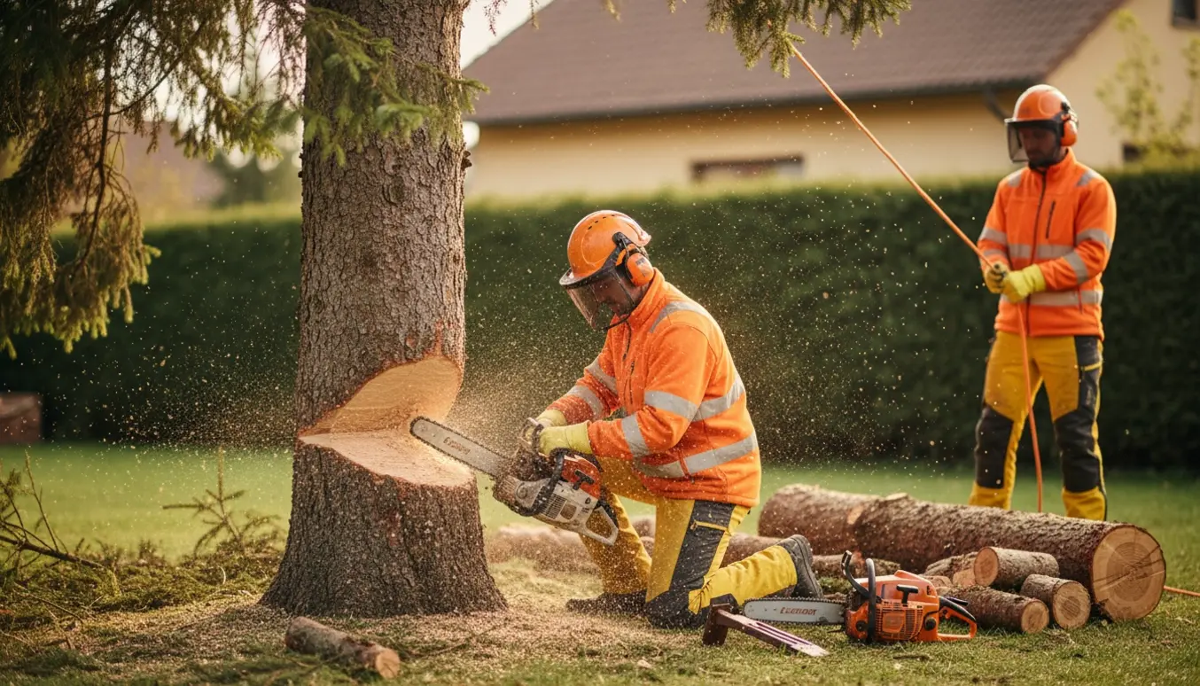 Arborister fælder kontrolleret et 10 meter højt grantræ i en have med motorsav, reb og savsmuld.