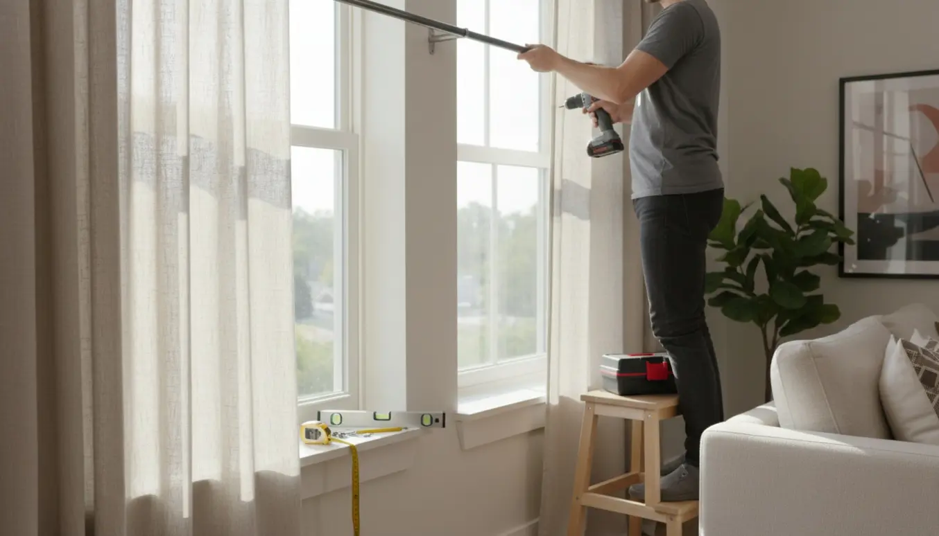 Hænder monterer en gardinbeslag med en boremaskine ved siden af et allerede ophængt gardin i en lys, moderne lejlighed.