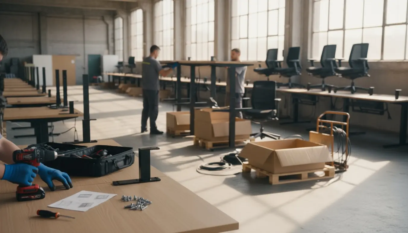 Montører samler rækker af hæve-sænkeborde og ergonomiske stole i et lyst kontorlokale.