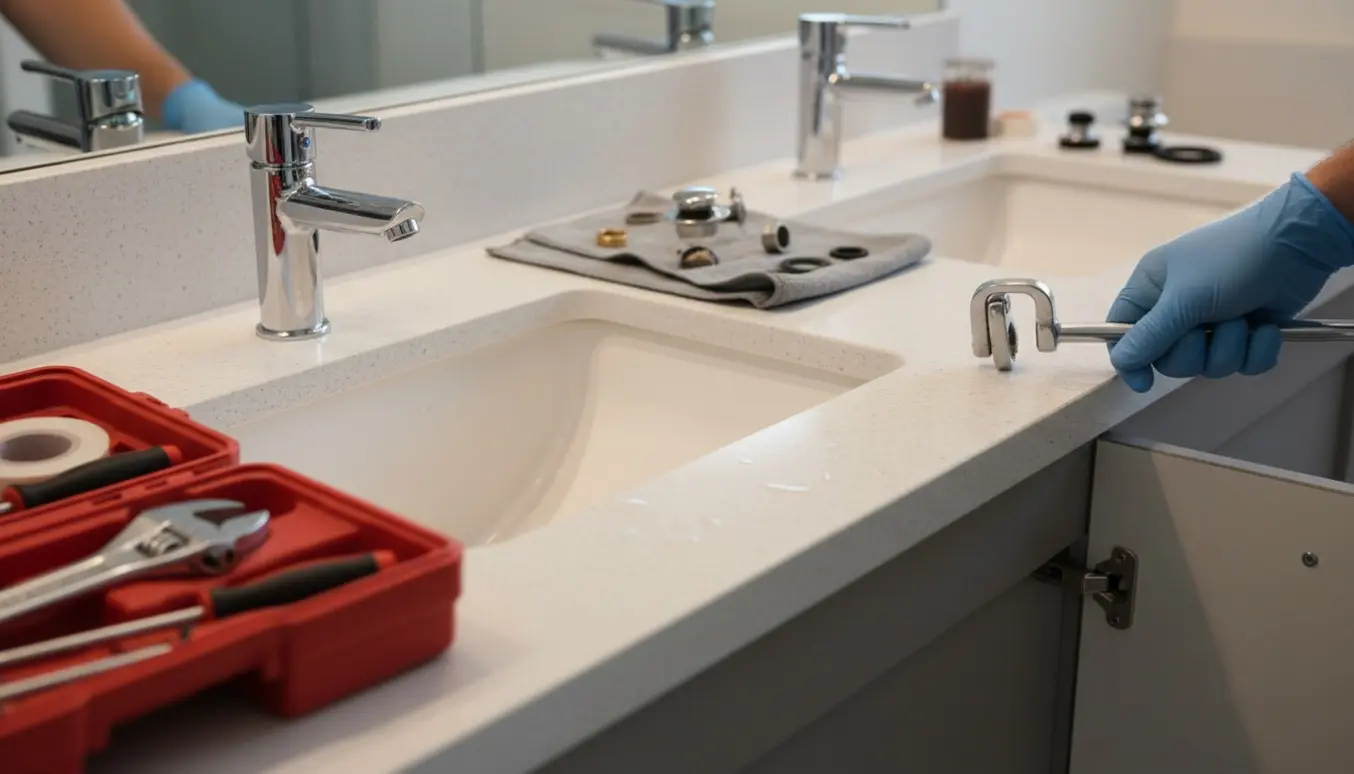 En VVS'er monterer en ny kromvandhane og udskifter push-bundpropper ved et lyst vaskearrangement.