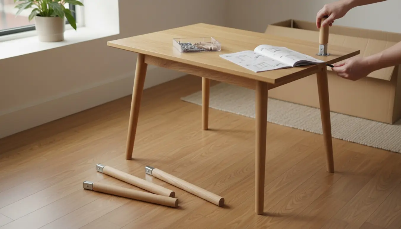 Nyt lille flatpack spisebord samles i en lys lejlighed med bordplade, ben, unbrakonøgle og manual.