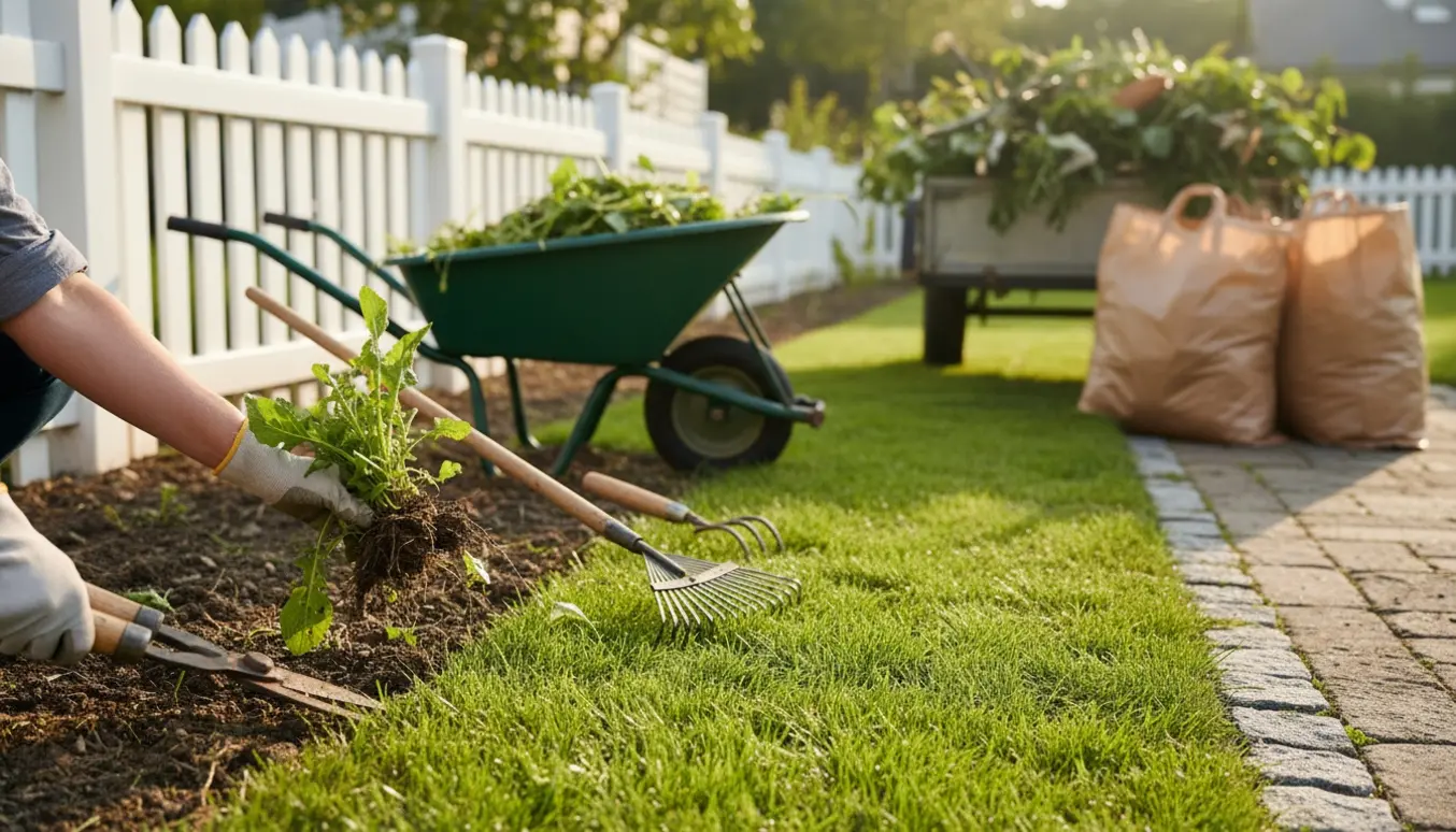 Handskerede hænder fjerner ukrudt ved græskanten med haveværktøj og en trailer fyldt med haveaffald i baggrunden.