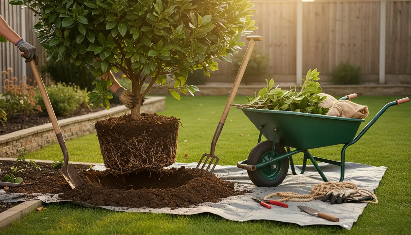 Opgravning af en stor bredbladet laurbær med eksponeret rodklump, spade og trillebør i en have.