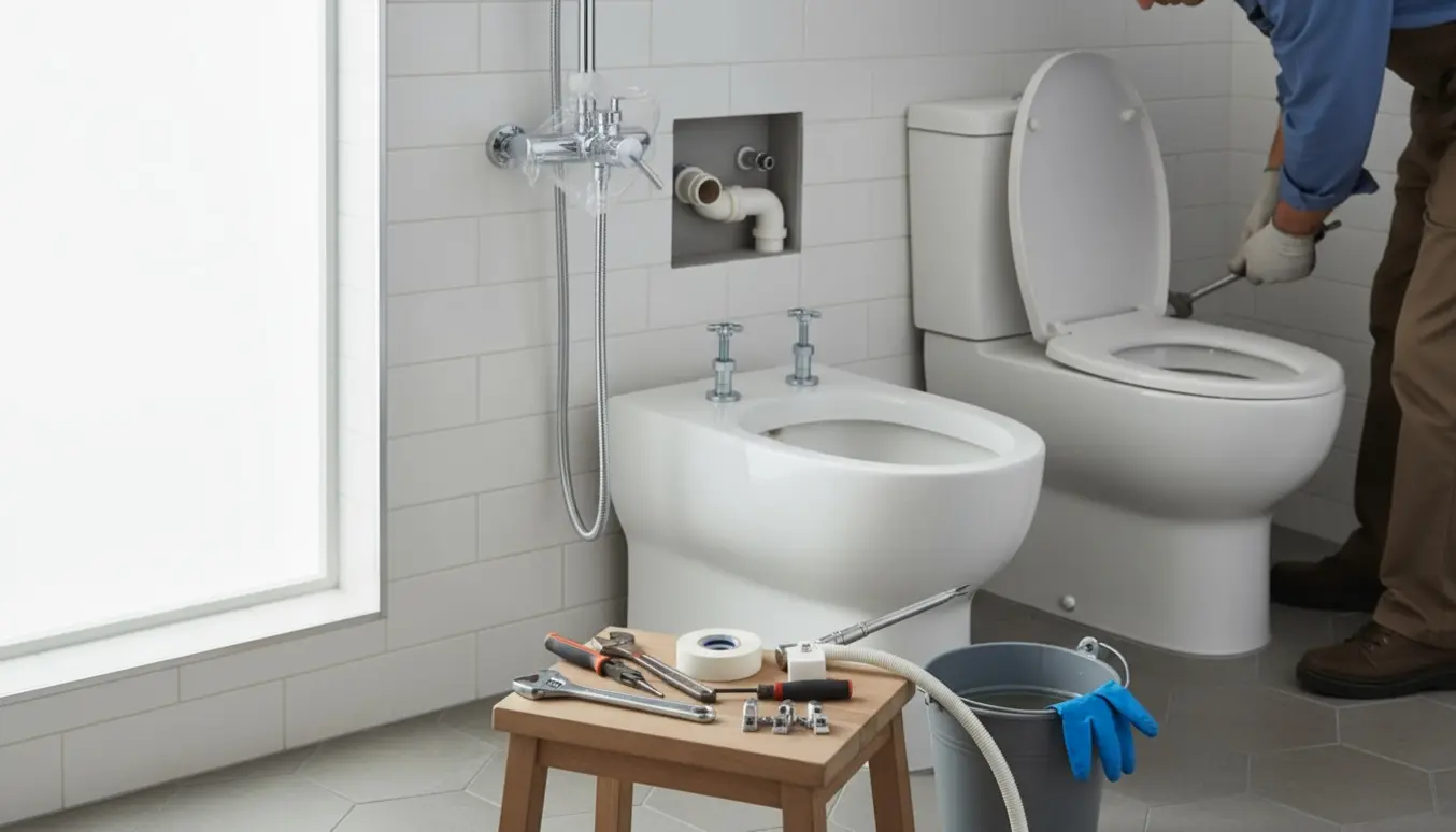 Badeværelse med nyt krom brusesæt, to toiletbrætter, værktøj og en håndværker i arbejde (ansigt ikke synligt).