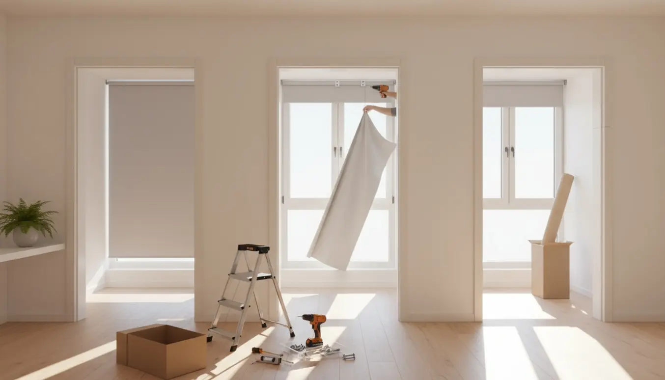 Rullegardiner monteres i flere værelser med værktøj og installerede gardiner i et lyst, moderne hjem.