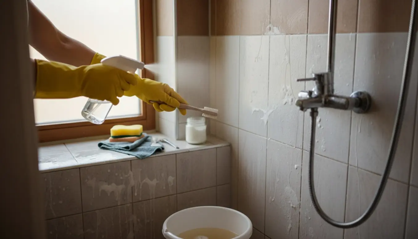 Hænder i gule handsker afkalker kalkede fliser og fuger i en lille bruseniche med rengøringsværktøj ved siden af.