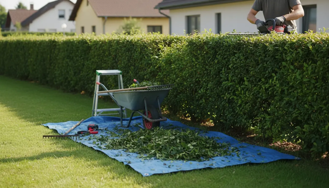 Lang hæk i en have bliver klippet med en hækkeklipper, afklip ligger i en trillebør ved siden af.