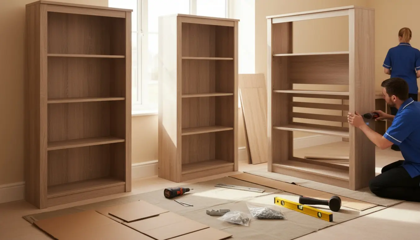Tre reoler i egetræsfinér med hvid bejdse i et plejehjemsværelse, omgivet af værktøj og personale set bagfra.