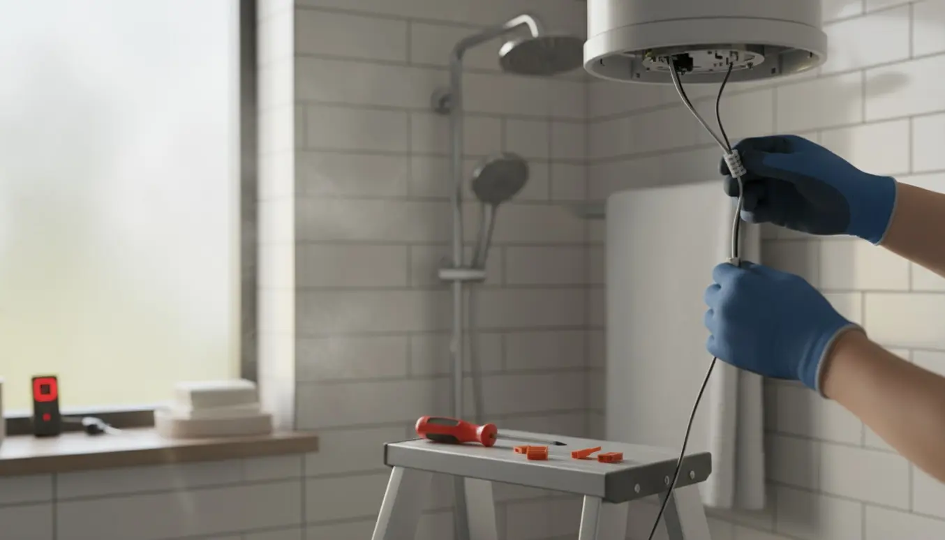 Nærbillede af hænder i isolerede handsker, der tilslutter ledninger til en loftmonteret badeværelsesventilator.