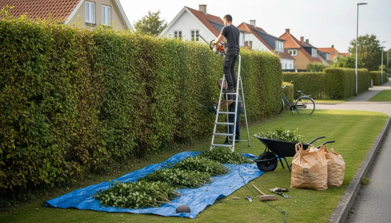Arbejdere klipper en lang hæk ved en villavej med afklip samlet i trillebør og sække.