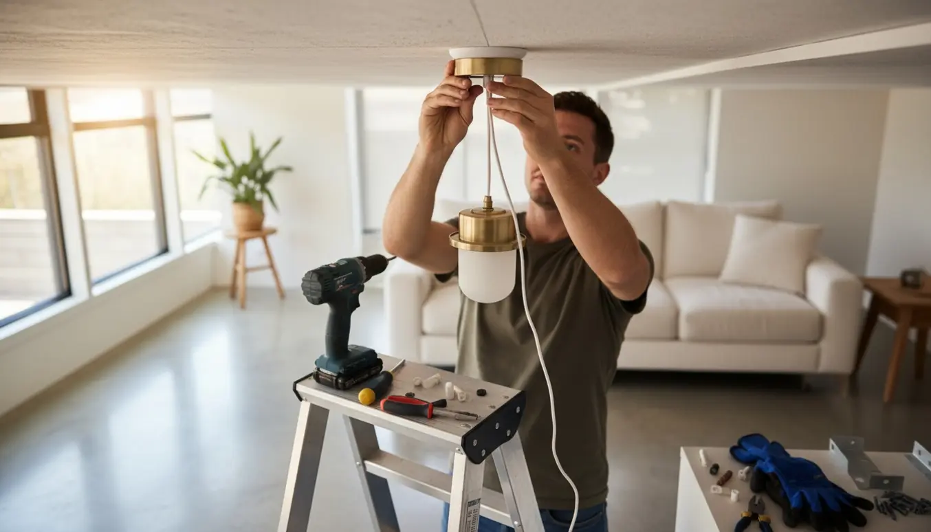 Hænder monterer en loftslampe fra en stige med værktøj og kabelmaterialer ved siden af.