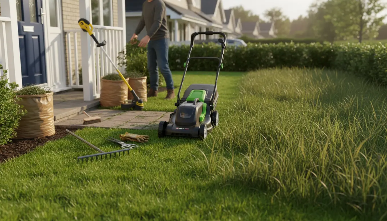 Halvt slået lille forhave på ca. 18 m² med plæneklipper, haveredskaber og ryddeop-bunker ved hoveddøren.
