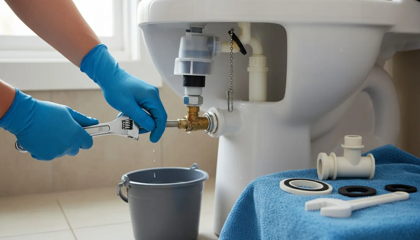 Nærbillede af hænder, der udskifter cisternens indre mekanisme på et rent hvidt toilet med værktøj og reservedel ved siden af.