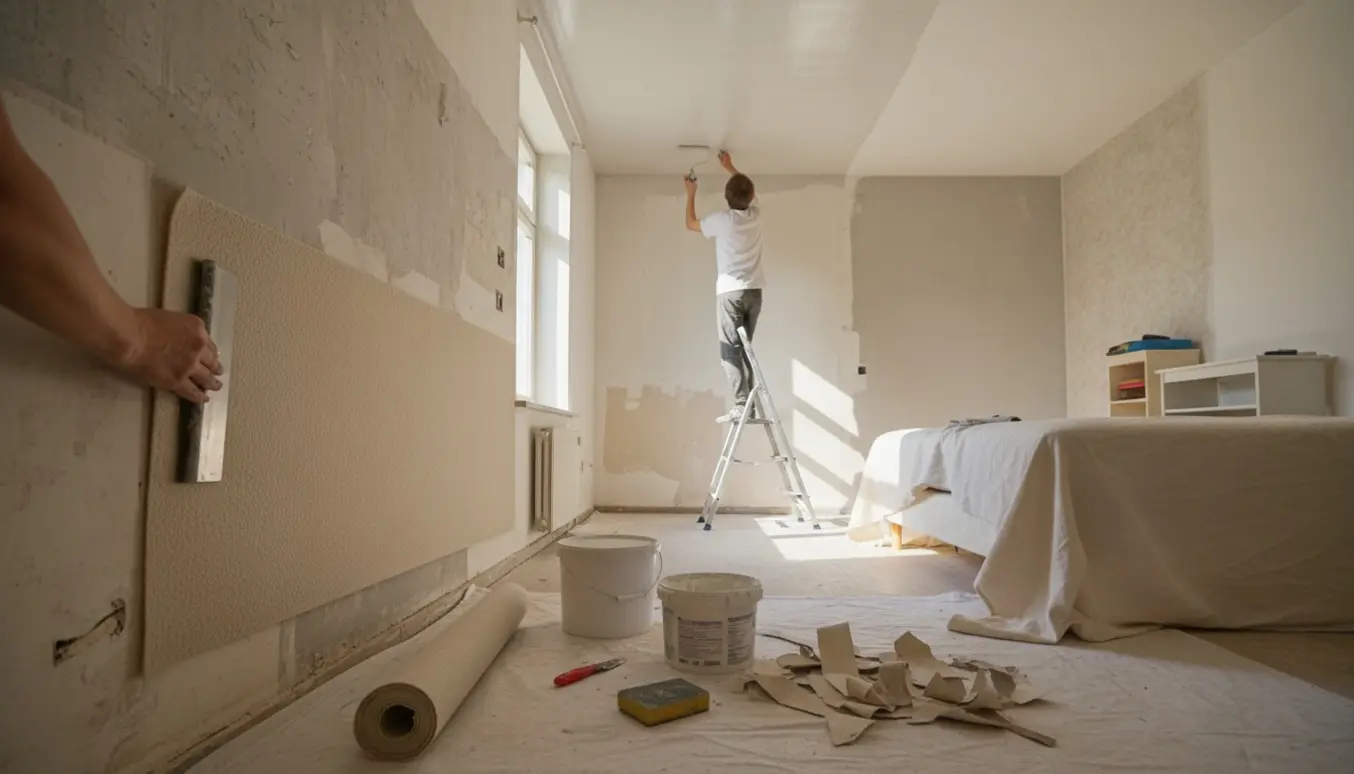 Soveværelse under istandsættelse med filt på væg og loft, hvor hænder opsætter filt og loft males.