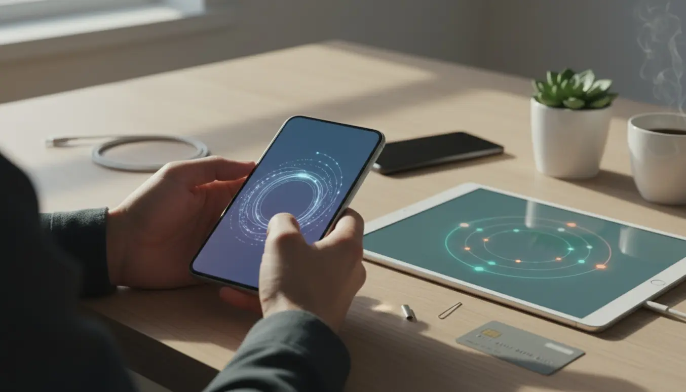 Hænder opsætter MitID og mobilbank på en ny smartphone og en iPad ved et lyst skrivebord.
