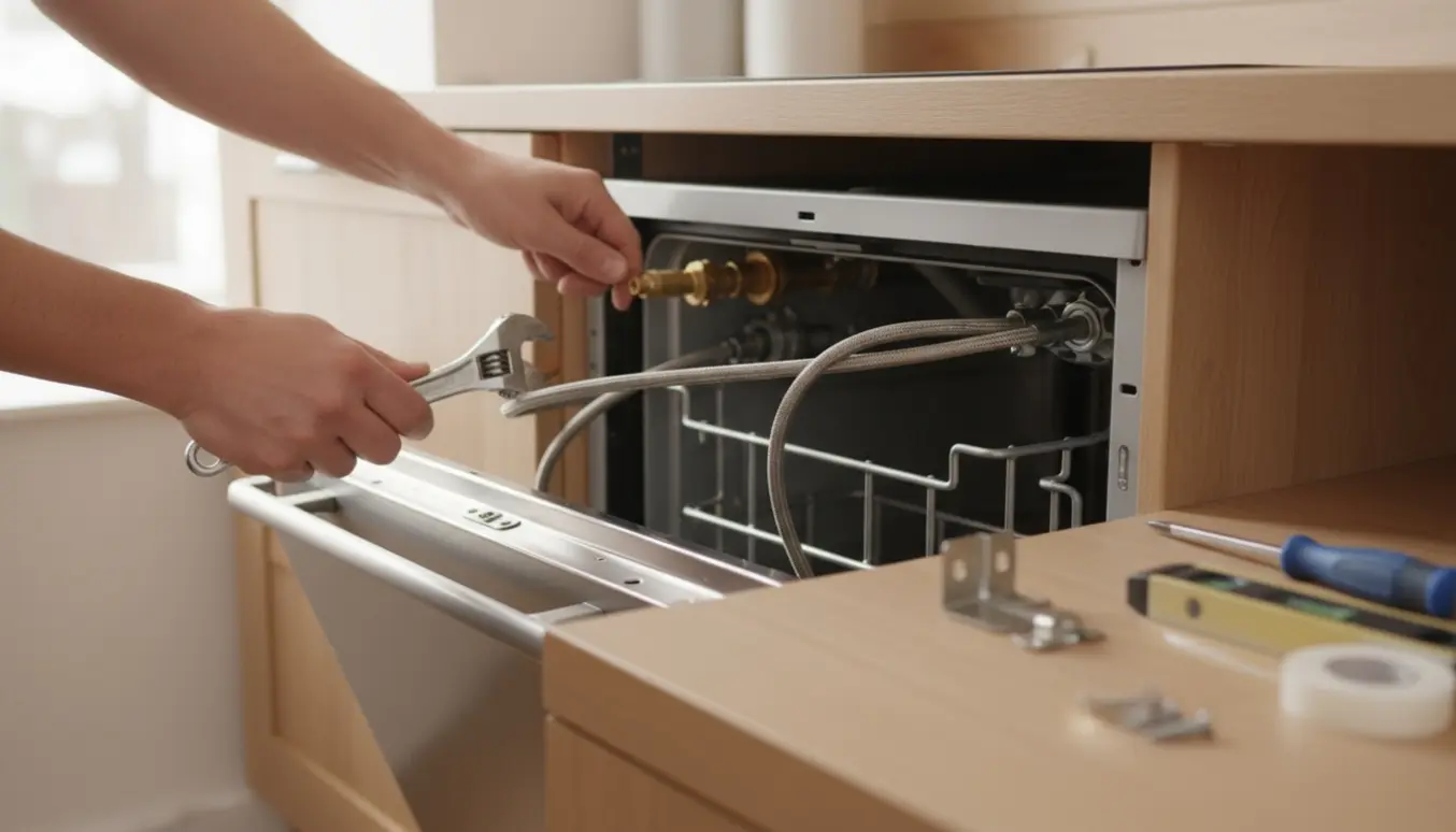 Nærbillede af montering af opvaskemaskine med hænder, der spænder en vandslange og holder et slangespændebånd.