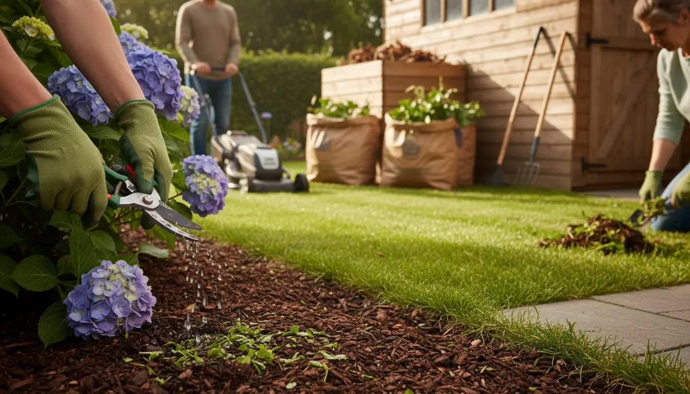 Havearbejde med beskæring, ukrudtsfjernelse, græsslåning og bortskaffelse af haveaffald i en solrig baghave.