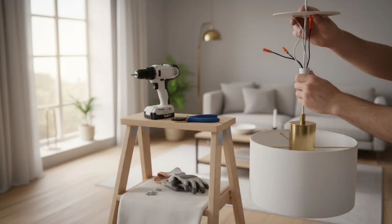 Hænder monterer en loftslampe i et lyst, skandinavisk værelse med værktøj og stige i baggrunden.