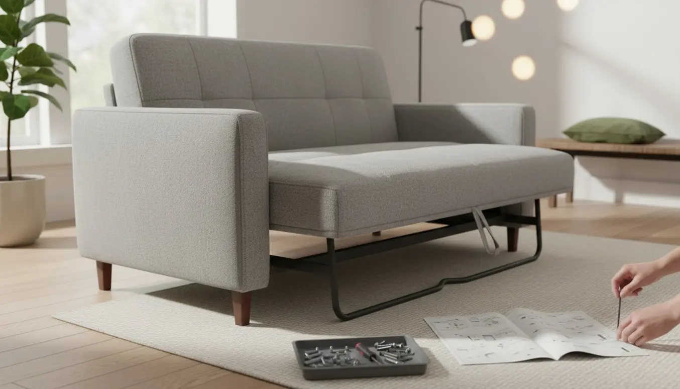 Nyopsat lille sovesofa i et lyst værelse med værktøj og hænder, der færdiggør samlingen.