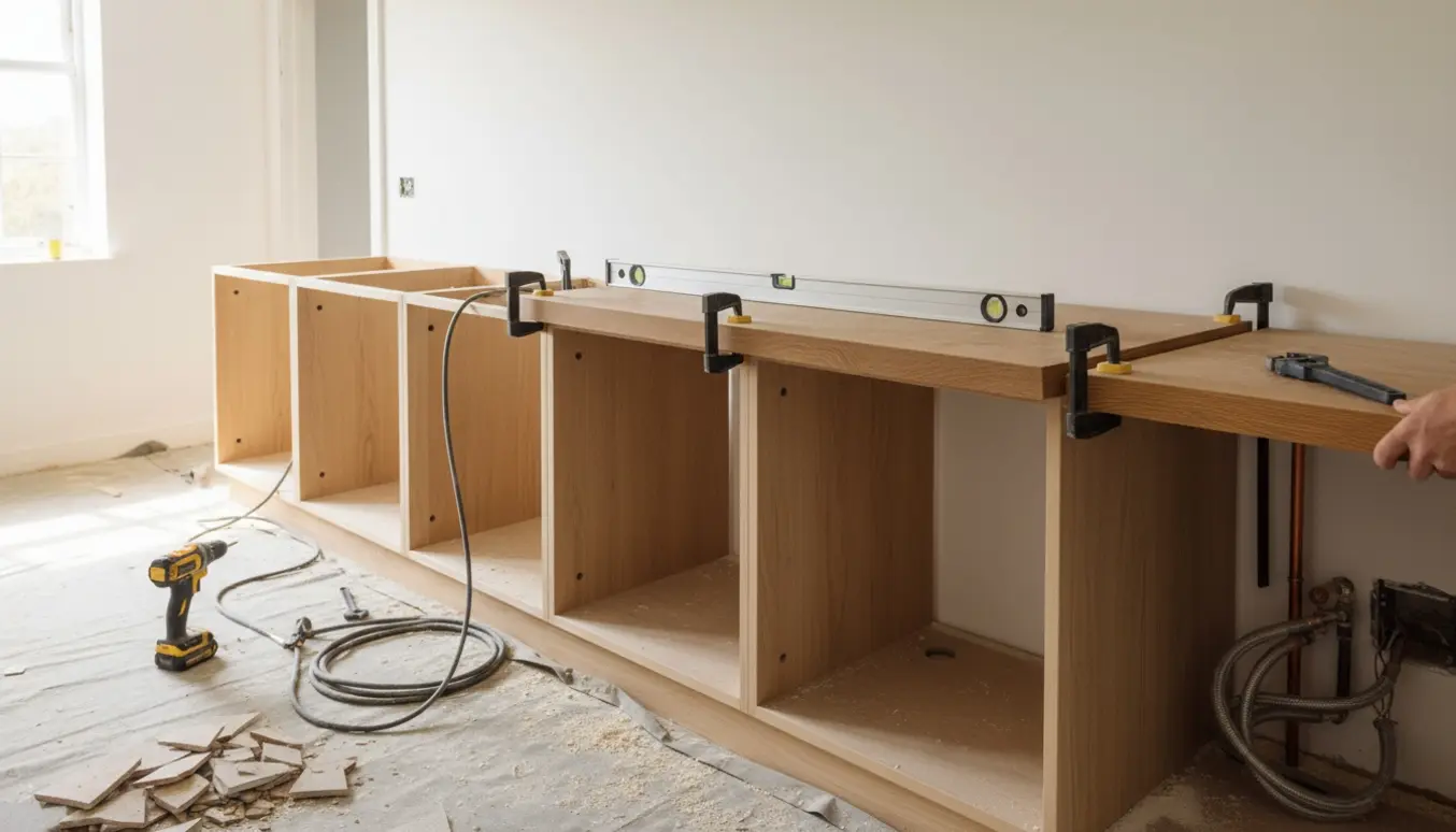 Fem samlede køkkenskabe uden indmad med massive egetræsbordplader og værktøj klar til montering.