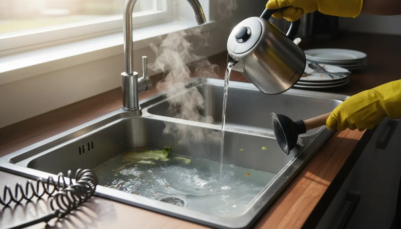 Dobbelt køkkenvask med tilstoppet afløb, kogende vand hældes i, sugekop og afløbsrenser ligger klar.