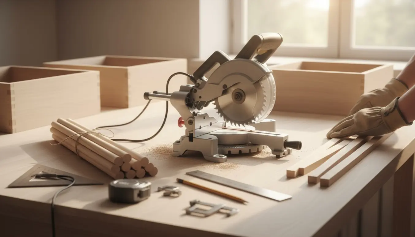 Arbejdsscene med halvstaflister skåret i smig på en kappsav på et solbelyst køkkenarbejdsbord.