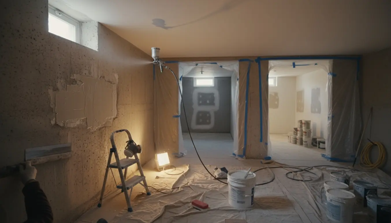 Kælderrum under renovering med værktøj, udfyldte væghuller og sprøjtemalet loft.