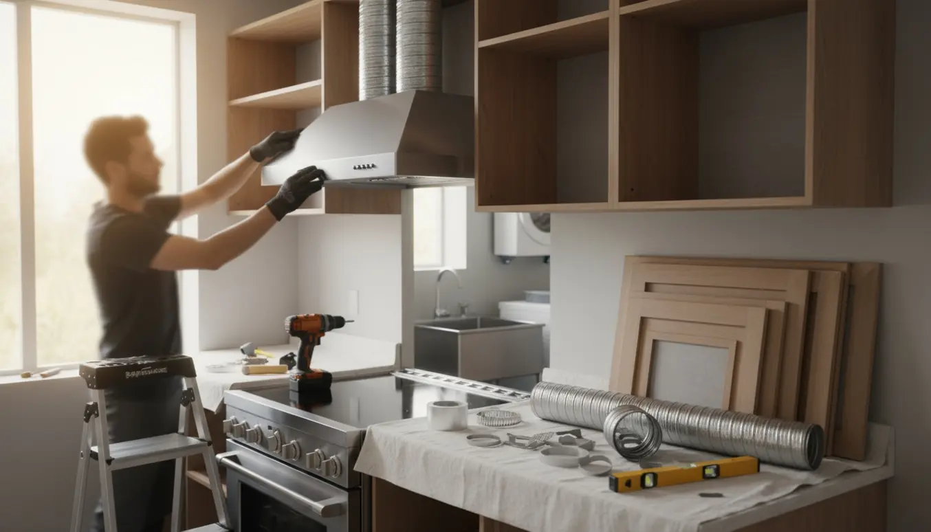 Montering af emhætte i køkken med synlig ventilationskanal og værktøj på bordet.