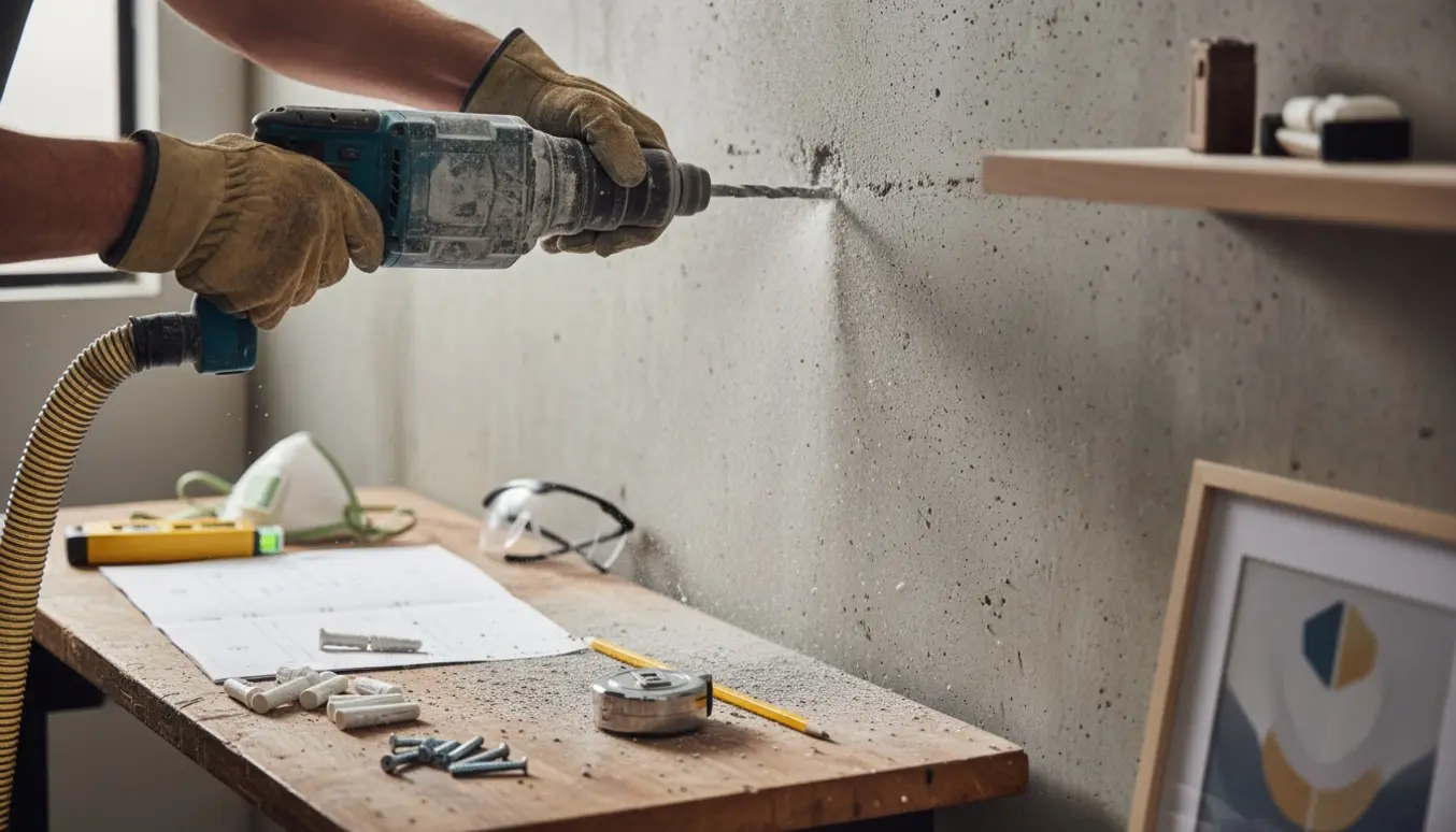 Nærbillede af en boremaskine, der borer i en betonvæg med rawlplugs, skruer og værktøj ved siden af.