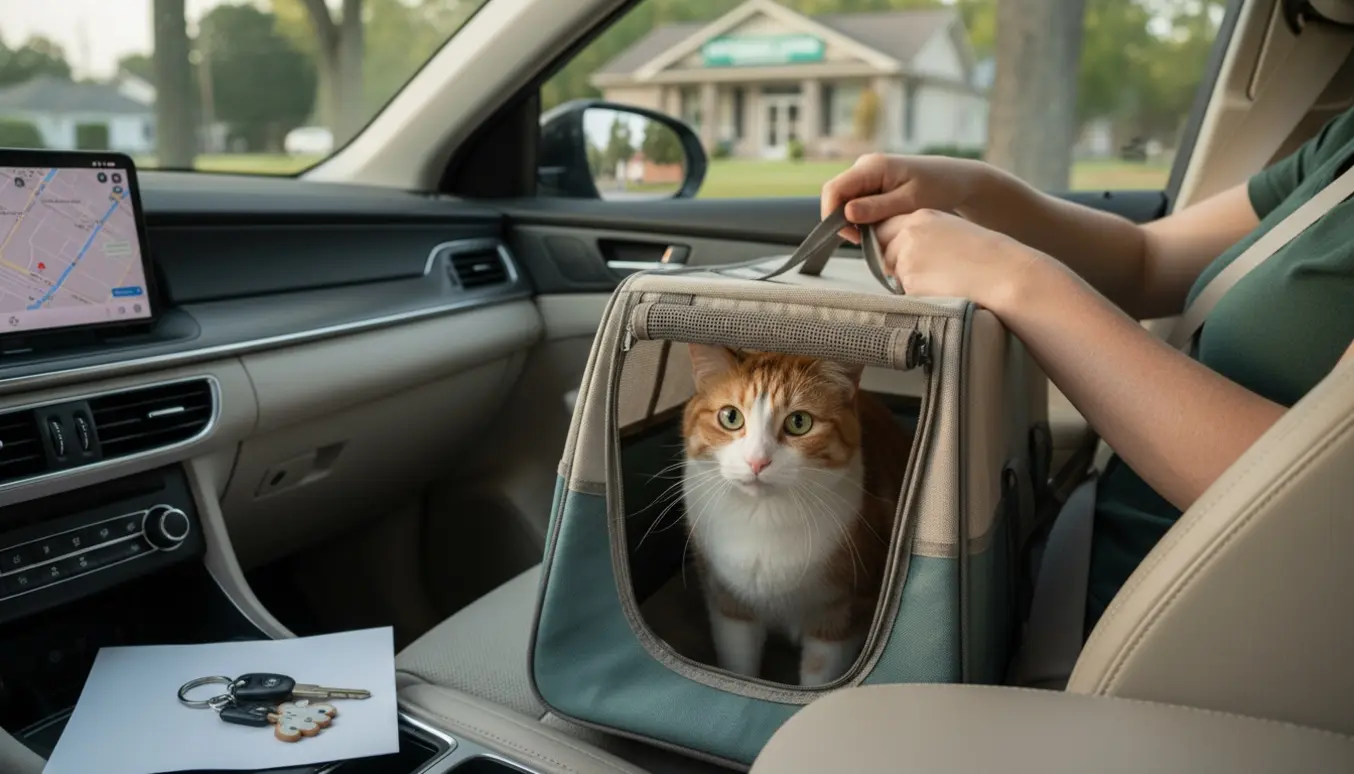 En kat i en transportkasse fastspændt på forsædet, klar til turen til dyrlægen.