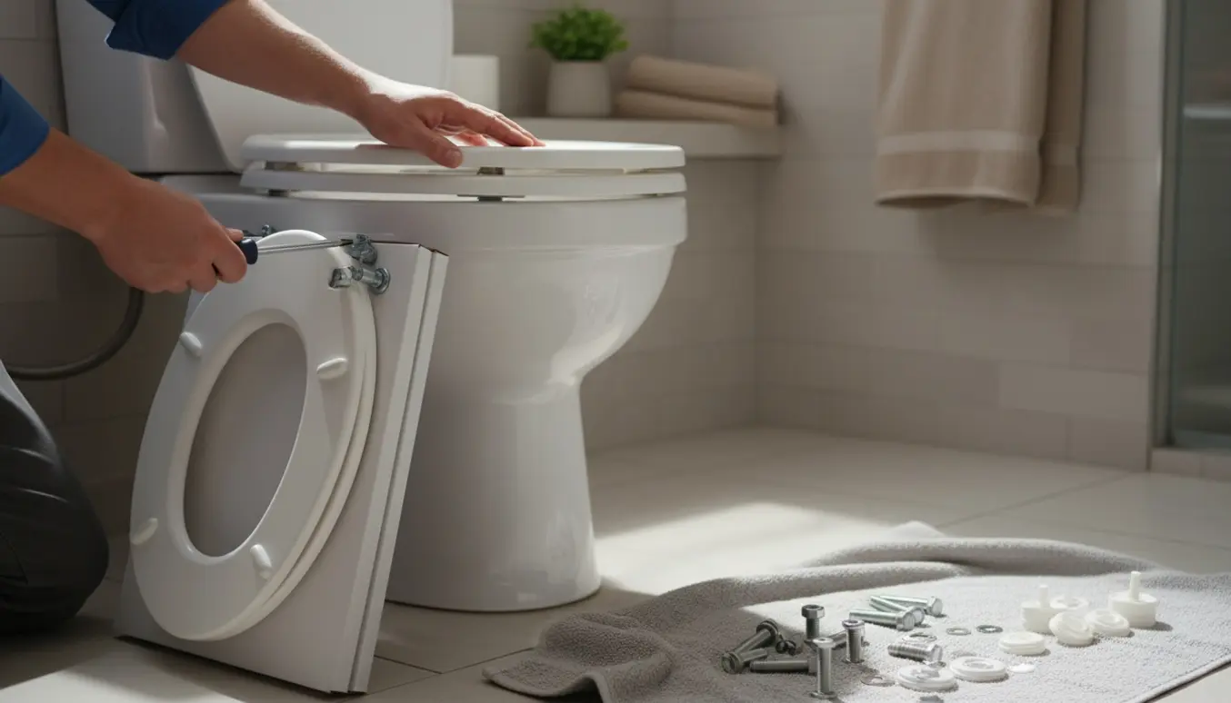 Nærbillede af hænder, der udskifter et toiletbræt med skruetrækker og beslag i et lyst badeværelse.