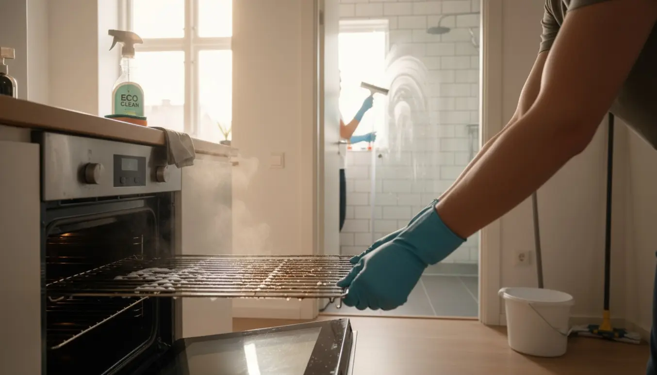 Fraflytningsrengøring i en lys lejlighed med hands-on rensning af ovn og badeværelse.