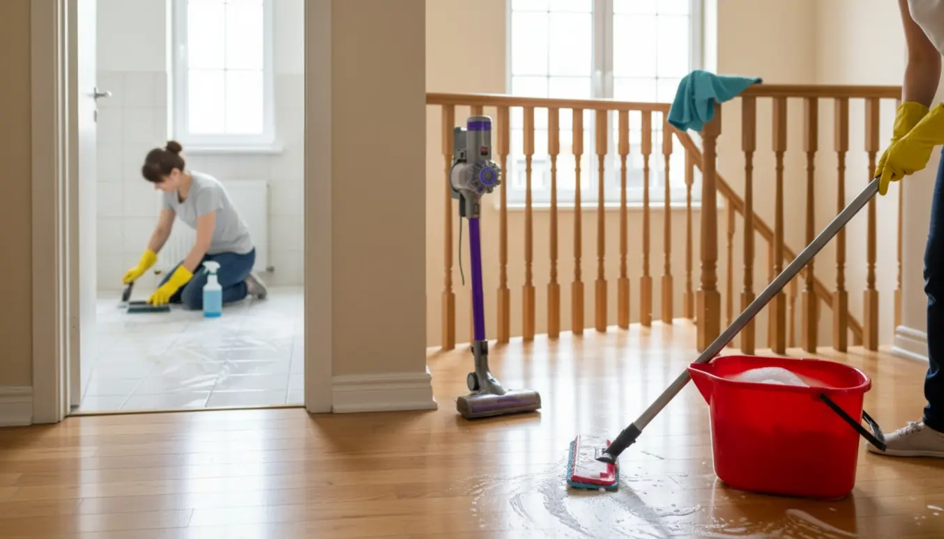 Rengøring i et to-etagers hjem med gulvmopning, støvsuger ved trappe og skrubning af badeværelsesfliser.