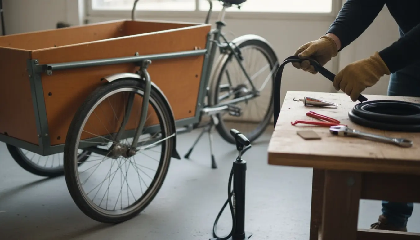 Nærbillede af en Christiania ladcykel med baghjulet taget af, hvor hænder lapper en slange med lappesæt.