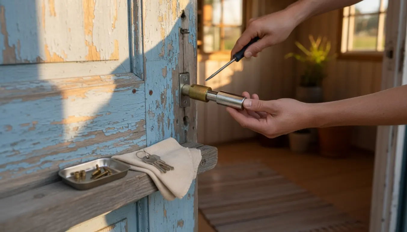 Hænder udskifter en cylinderlås i døren på et træ-sommerhus med skruetrækker og nye låsedele ved siden af.