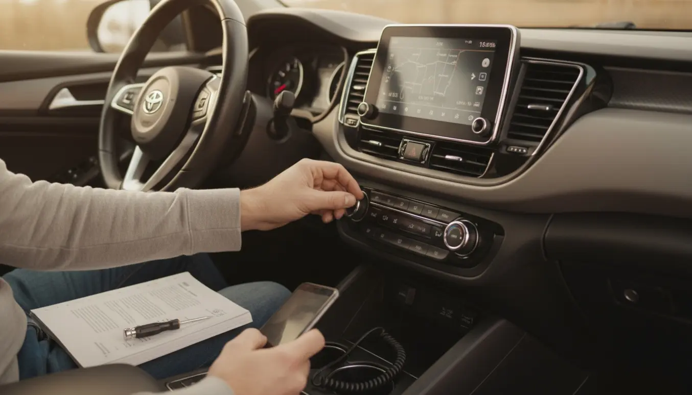 Hænder forsøger at forbinde en smartphone til en bilradio, mens infotainmentskærmen blinker af og på.