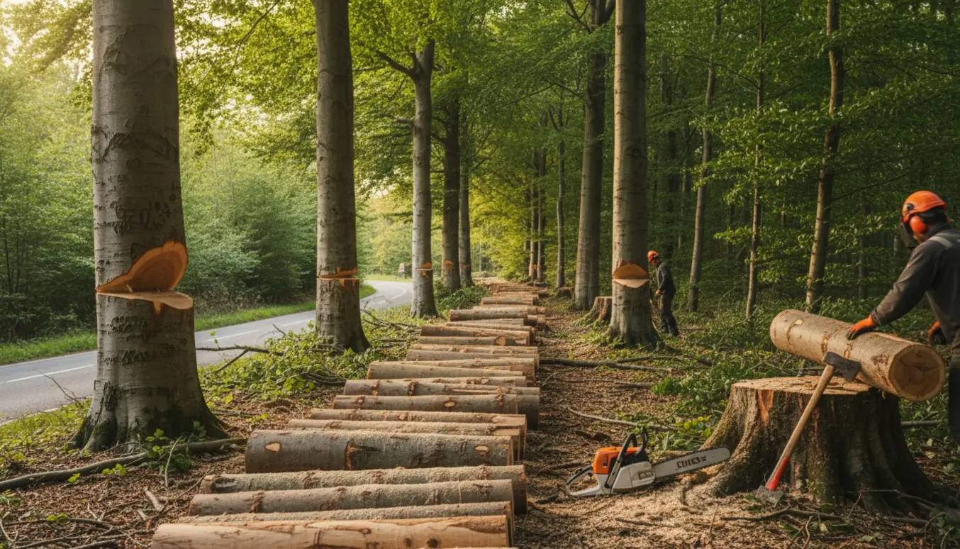 Fældning af fire høje bøgetræer i et smalt skovbælte, stammer opskåret i 1–2 meter bunker med savsmuld og grene på skovbunden.