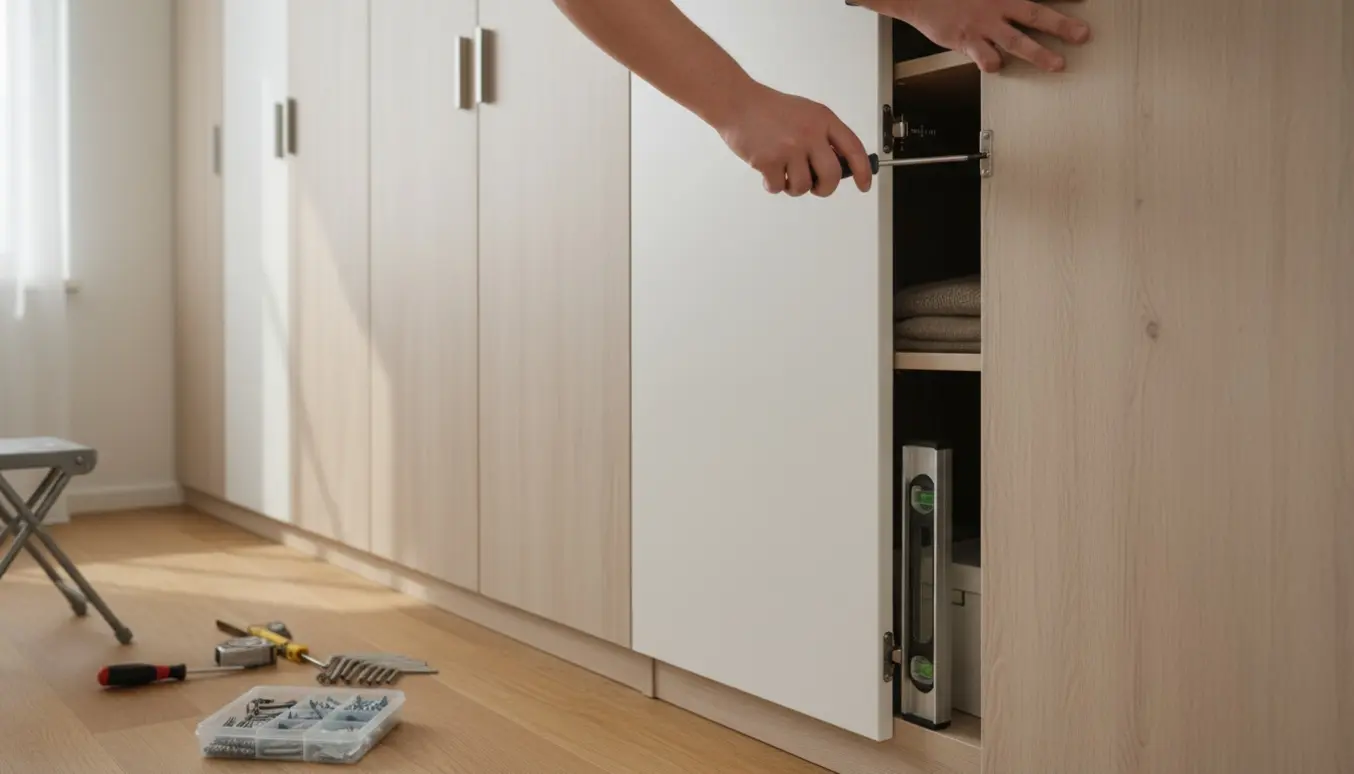 Nærbillede af hænder, der justerer hængsel på et garderobeskab med skruetrækker og vaterpas.