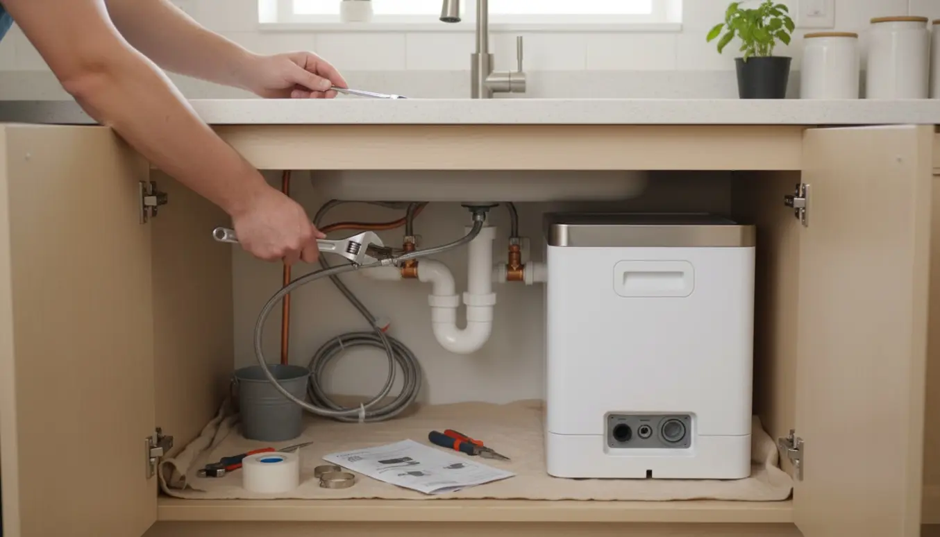 Hænder tilslutter vand- og afløbsslanger til en lille opvaskemaskine under et køkkenvaskeskab.