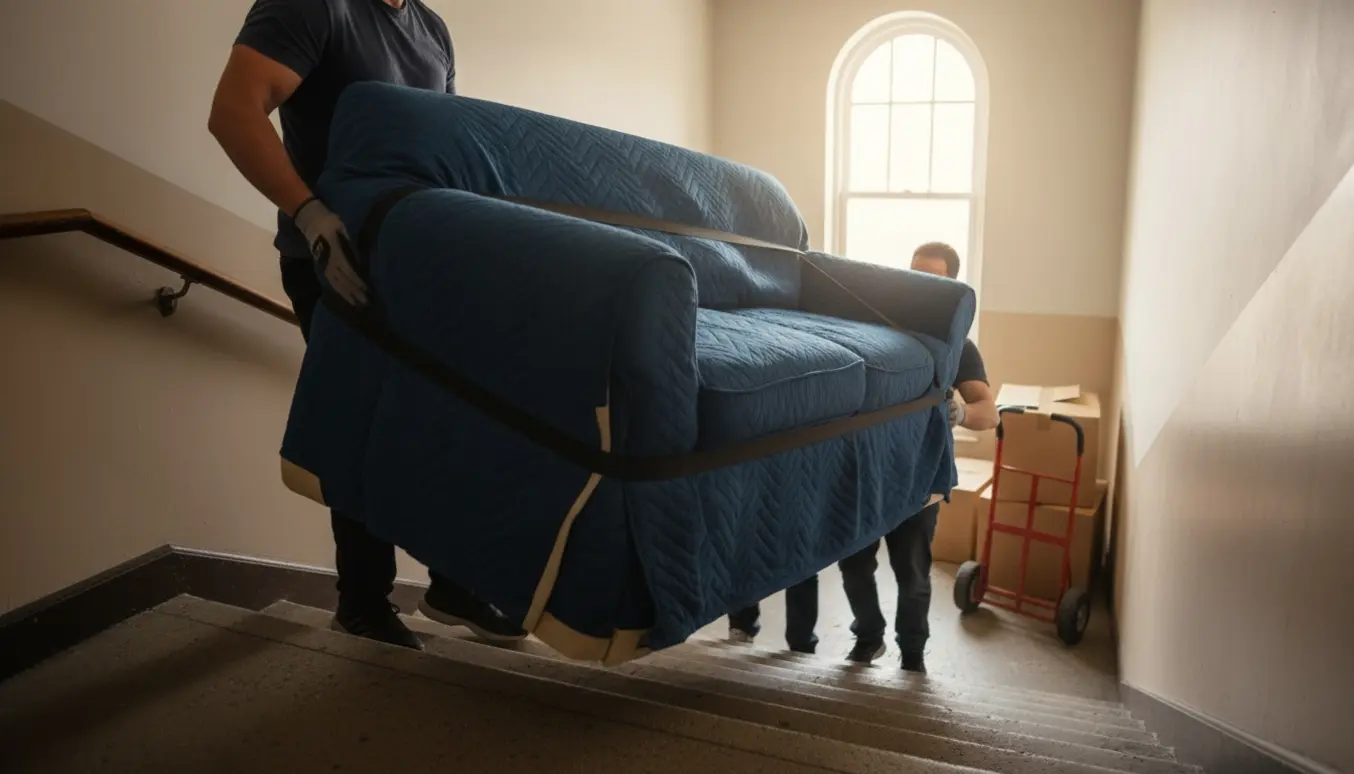 Sofa bæres op ad en trappe mod en lys tredjesals repos, pakket ind i flyttetæpper og fastgjort med stropper.