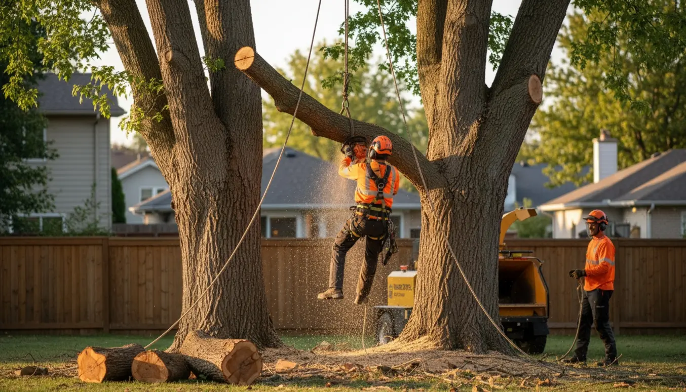 To professionelle fælder træer tæt på huse, en arborist skærer grene med sikkerhedsudstyr og stakke af træ er klar til brænde.