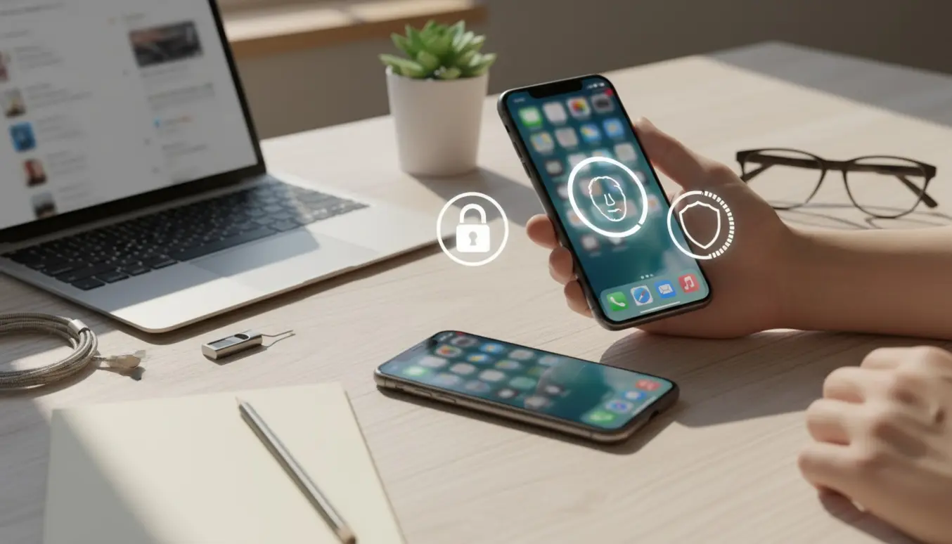 To iPhones på et lyst bord hvor hænder opsætter sikkerhedsindstillinger og sociale konti.