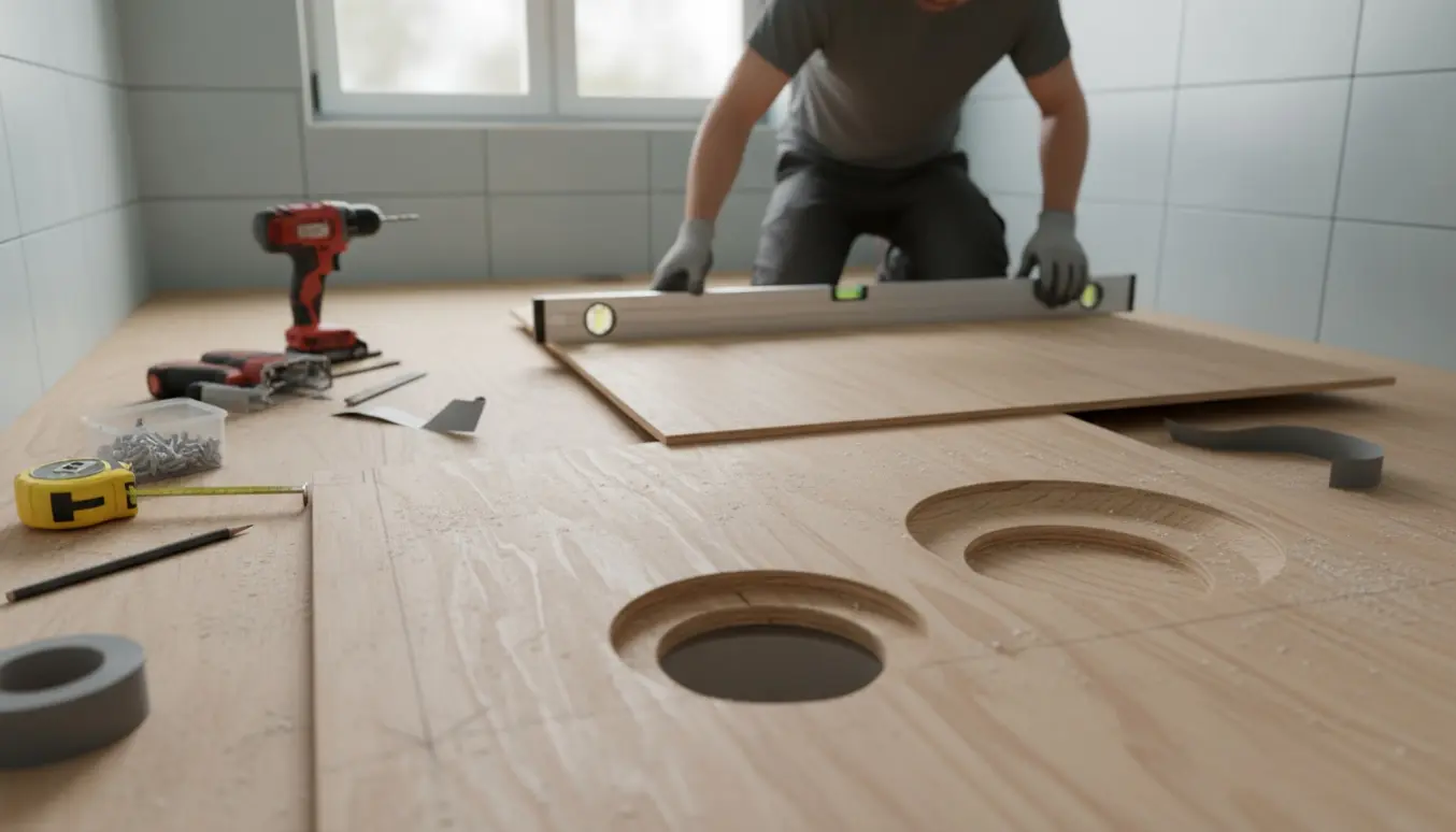 Et nyt krydsfinergulv i et badeværelse under renovering med udskæring til afløb og et vater påført af en hånd.