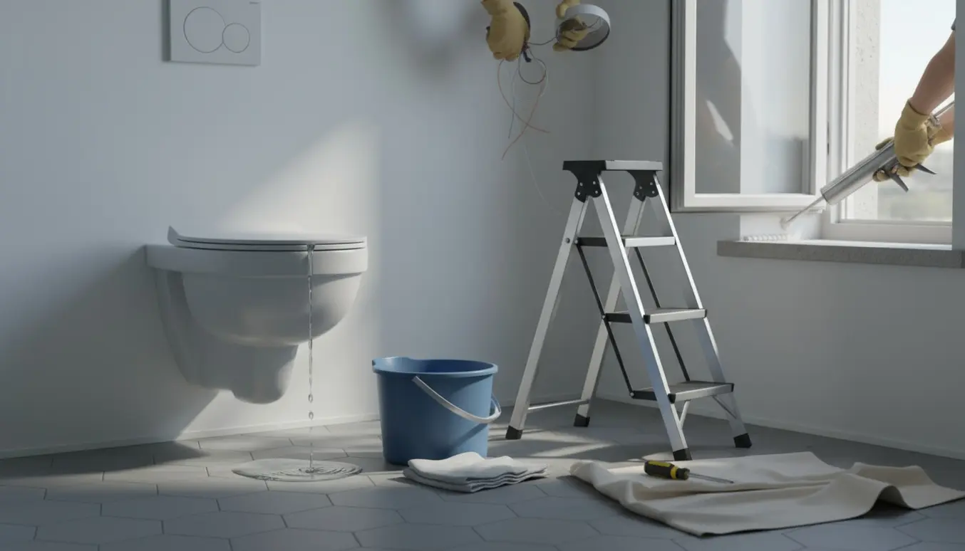 Badeværelse med væghængt toilet der drypper, hænder skifter spot i loftet og fuger under vinduet udvendigt.